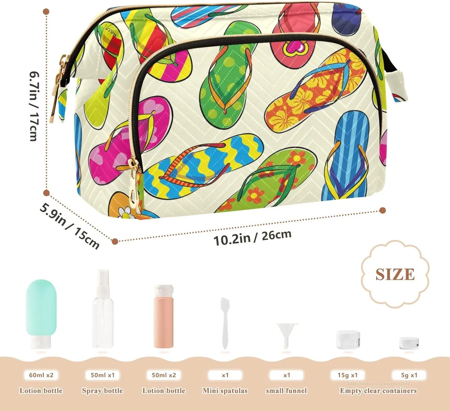 Women Wave Quilt Cosmetic Bag, Storage Pouch Handbag Makeup Case Zipper Toiletry Purse Holder Organizer 10.2x5.9x6.7 in Colorful Seamless Hand Drawn Flip Flips Slippery on Cream