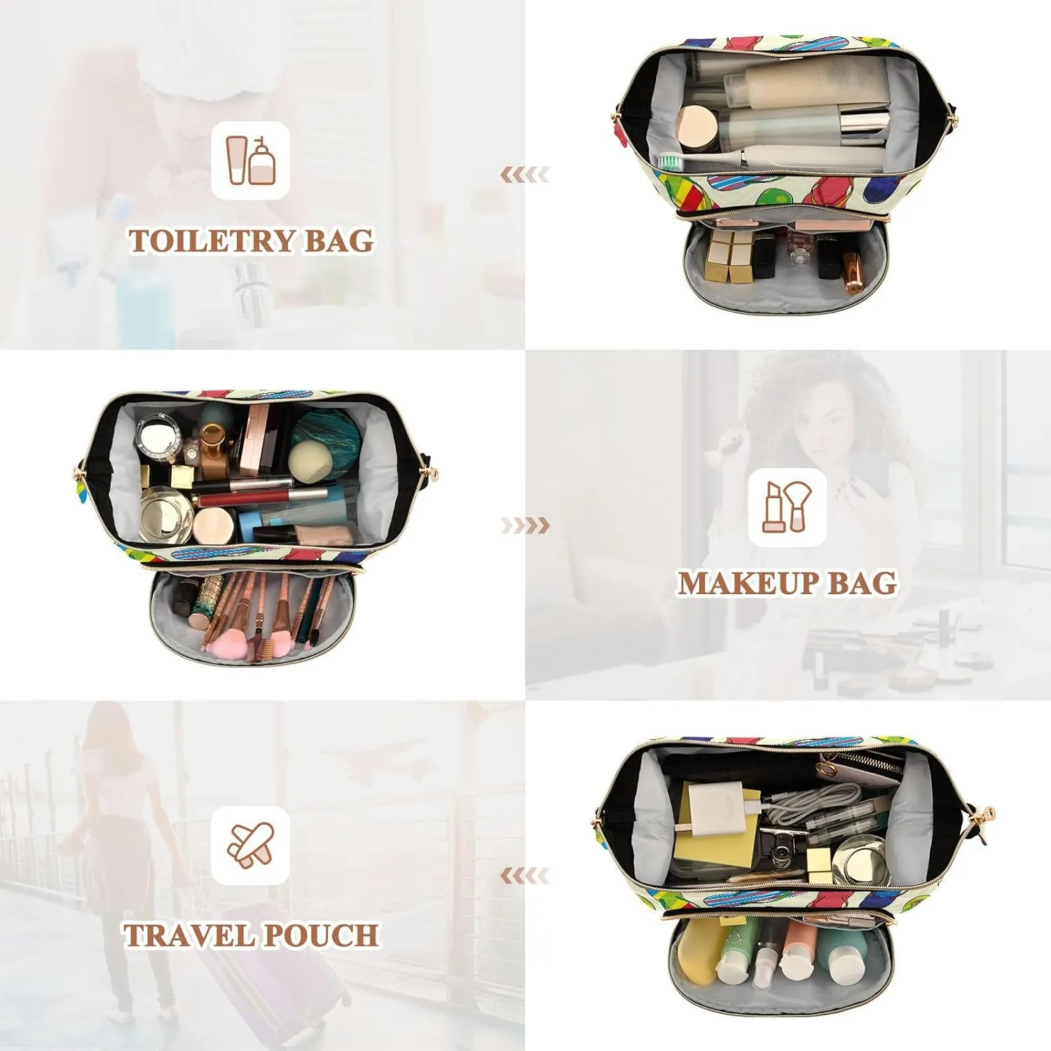 Women Wave Quilt Cosmetic Bag, Storage Pouch Handbag Makeup Case Zipper Toiletry Purse Holder Organizer 10.2x5.9x6.7 in Colorful Seamless Hand Drawn Flip Flips Slippery on Cream