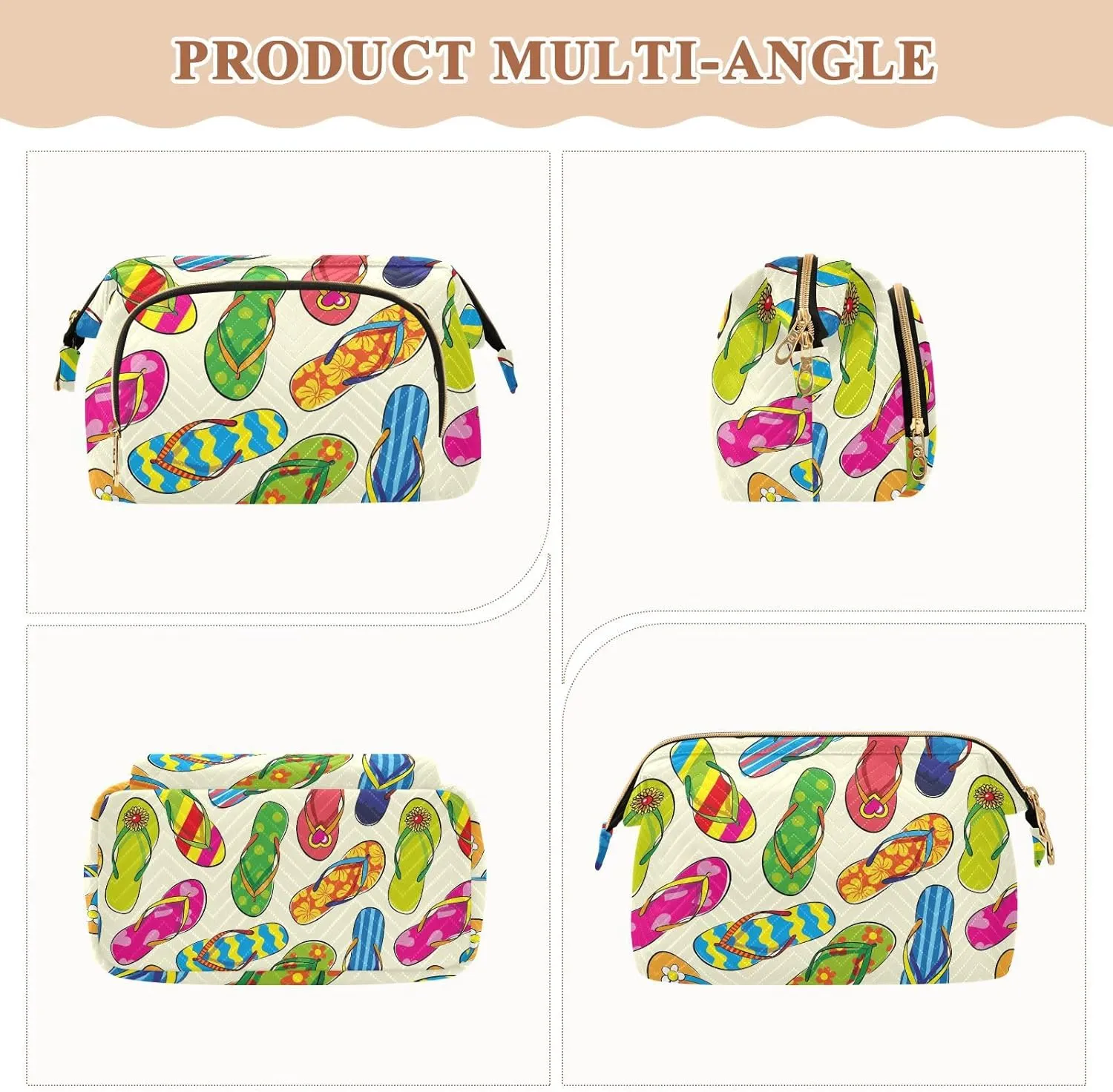 Women Wave Quilt Cosmetic Bag, Storage Pouch Handbag Makeup Case Zipper Toiletry Purse Holder Organizer 10.2x5.9x6.7 in Colorful Seamless Hand Drawn Flip Flips Slippery on Cream
