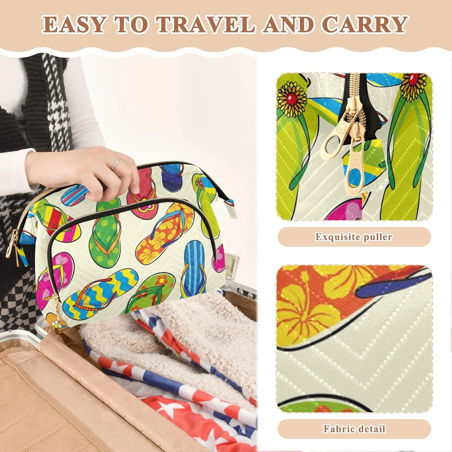 Women Wave Quilt Cosmetic Bag, Storage Pouch Handbag Makeup Case Zipper Toiletry Purse Holder Organizer 10.2x5.9x6.7 in Colorful Seamless Hand Drawn Flip Flips Slippery on Cream