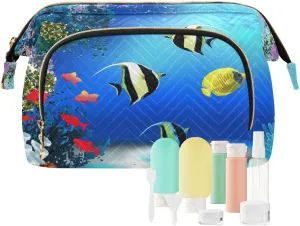 Women Wave Quilt Cosmetic Bag, Storage Pouch Handbag Makeup Case Zipper Toiletry Purse Holder Organizer 10.2x5.9x6.7 in Colorful Underwater World with Fish Plants Coral Reef Blue Ocean
