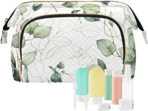 Women Wave Quilt Cosmetic Bag, Storage Pouch Handbag Makeup Case Zipper Toiletry Purse Holder Organizer 10.2x5.9x6.7 in Eucalyptus Branches, Green Eucalyptus Leaves Golden Linear Leaves