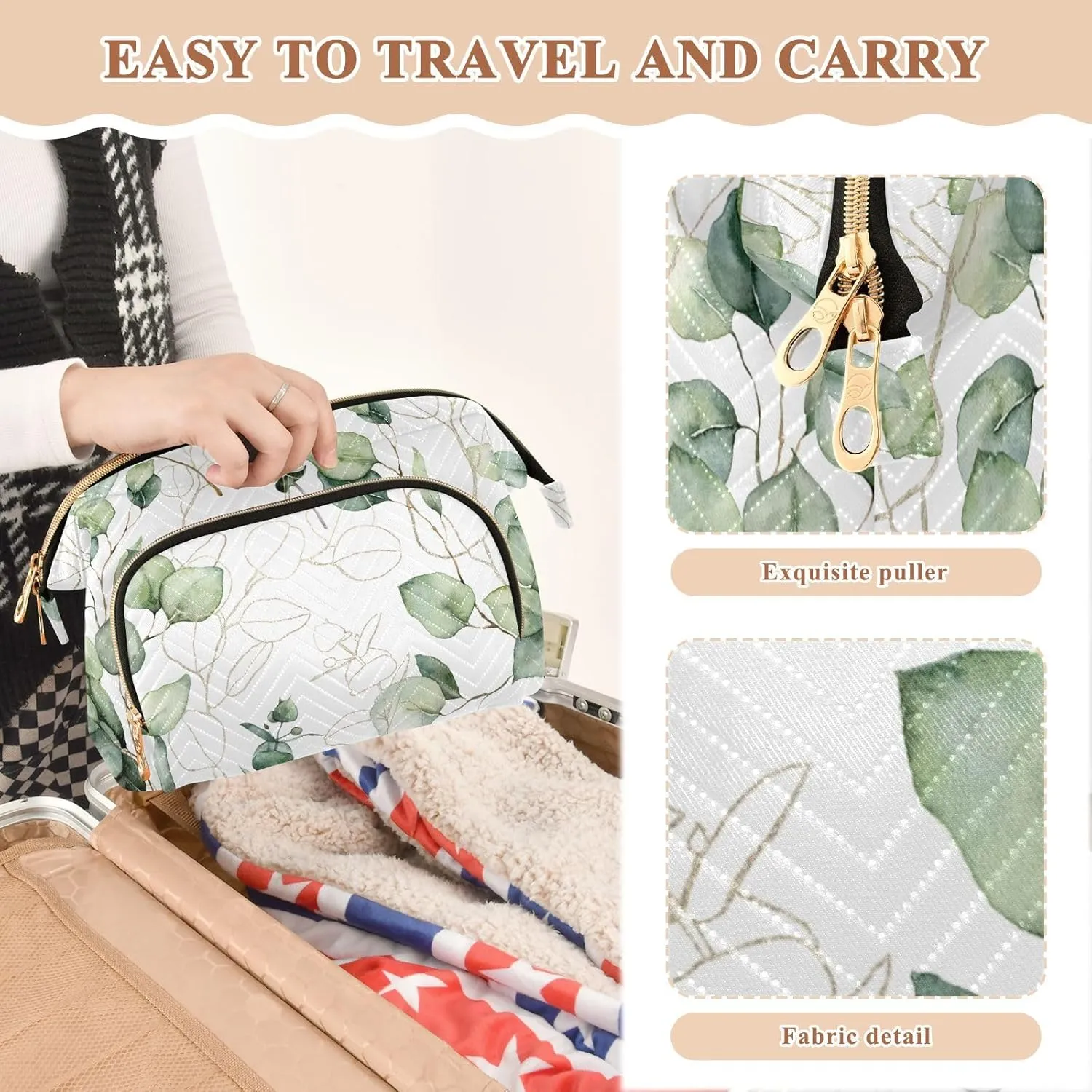 Women Wave Quilt Cosmetic Bag, Storage Pouch Handbag Makeup Case Zipper Toiletry Purse Holder Organizer 10.2x5.9x6.7 in Eucalyptus Branches, Green Eucalyptus Leaves Golden Linear Leaves