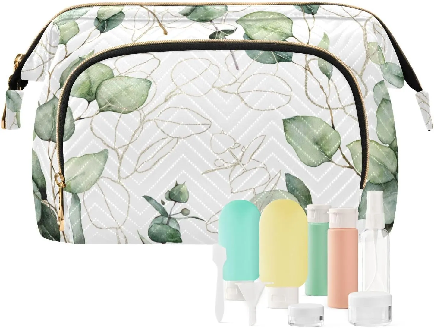Women Wave Quilt Cosmetic Bag, Storage Pouch Handbag Makeup Case Zipper Toiletry Purse Holder Organizer 10.2x5.9x6.7 in Eucalyptus Branches, Green Eucalyptus Leaves Golden Linear Leaves