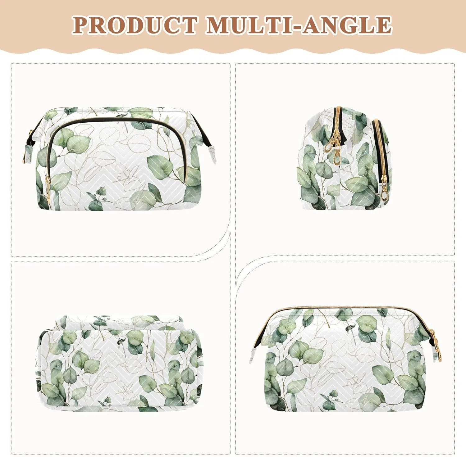 Women Wave Quilt Cosmetic Bag, Storage Pouch Handbag Makeup Case Zipper Toiletry Purse Holder Organizer 10.2x5.9x6.7 in Eucalyptus Branches, Green Eucalyptus Leaves Golden Linear Leaves