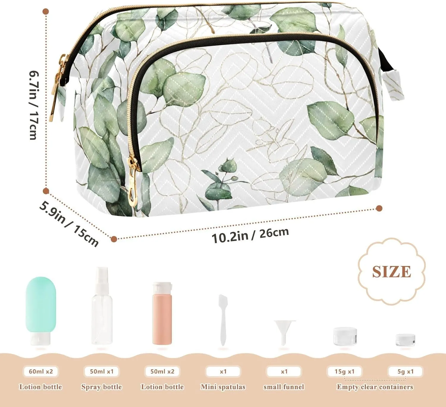 Women Wave Quilt Cosmetic Bag, Storage Pouch Handbag Makeup Case Zipper Toiletry Purse Holder Organizer 10.2x5.9x6.7 in Eucalyptus Branches, Green Eucalyptus Leaves Golden Linear Leaves