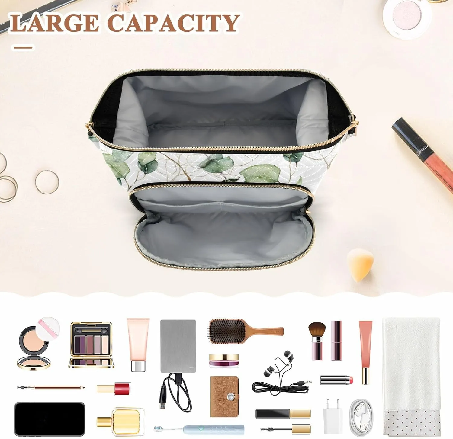 Women Wave Quilt Cosmetic Bag, Storage Pouch Handbag Makeup Case Zipper Toiletry Purse Holder Organizer 10.2x5.9x6.7 in Eucalyptus Branches, Green Eucalyptus Leaves Golden Linear Leaves