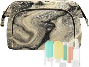 Women Wave Quilt Cosmetic Bag, Storage Pouch Handbag Makeup Case Zipper Toiletry Purse Holder Organizer 10.2x5.9x6.7 in Gold Black Abstract Paint Modern Art Liquid Marble Marbling