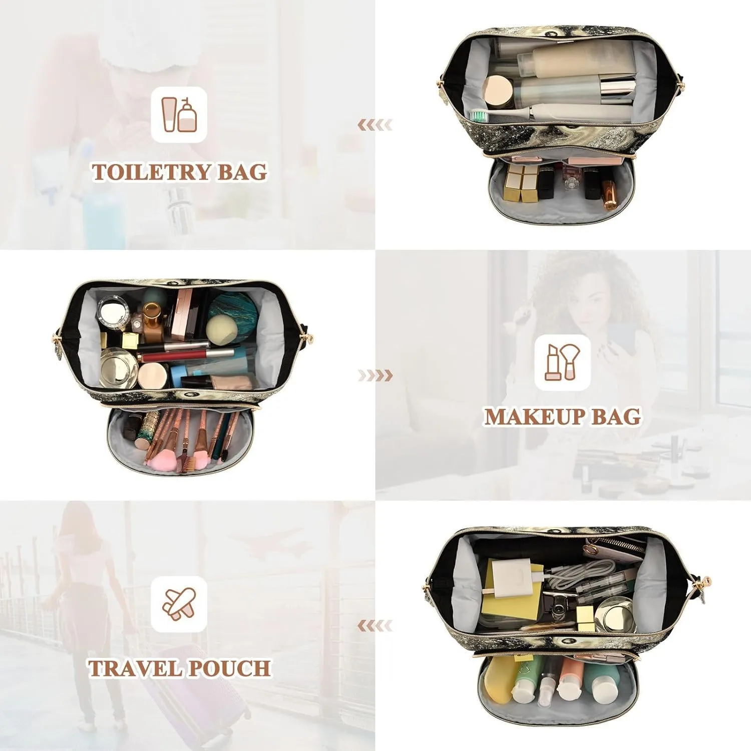 Women Wave Quilt Cosmetic Bag, Storage Pouch Handbag Makeup Case Zipper Toiletry Purse Holder Organizer 10.2x5.9x6.7 in Gold Black Abstract Paint Modern Art Liquid Marble Marbling