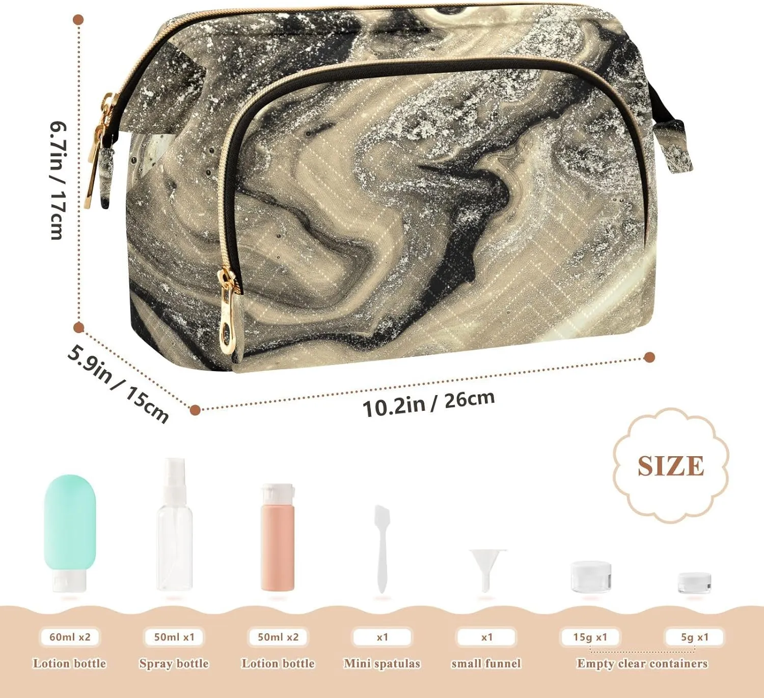 Women Wave Quilt Cosmetic Bag, Storage Pouch Handbag Makeup Case Zipper Toiletry Purse Holder Organizer 10.2x5.9x6.7 in Gold Black Abstract Paint Modern Art Liquid Marble Marbling