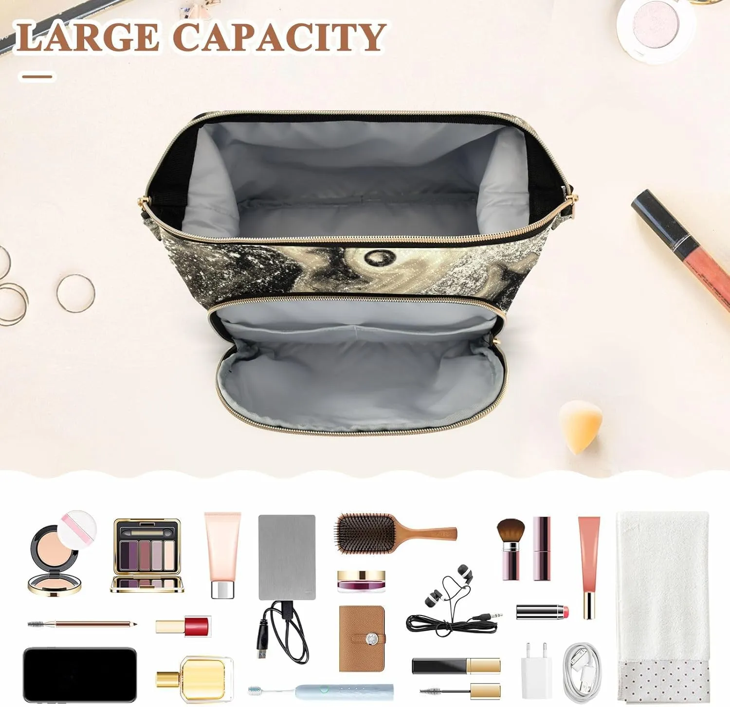 Women Wave Quilt Cosmetic Bag, Storage Pouch Handbag Makeup Case Zipper Toiletry Purse Holder Organizer 10.2x5.9x6.7 in Gold Black Abstract Paint Modern Art Liquid Marble Marbling
