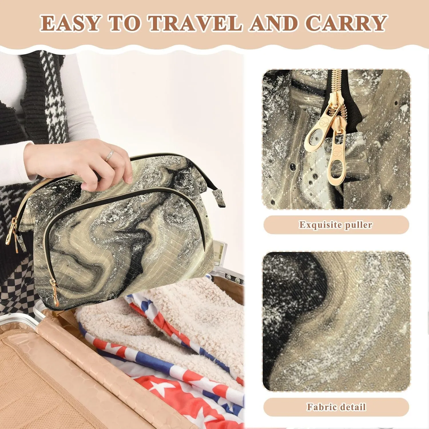 Women Wave Quilt Cosmetic Bag, Storage Pouch Handbag Makeup Case Zipper Toiletry Purse Holder Organizer 10.2x5.9x6.7 in Gold Black Abstract Paint Modern Art Liquid Marble Marbling