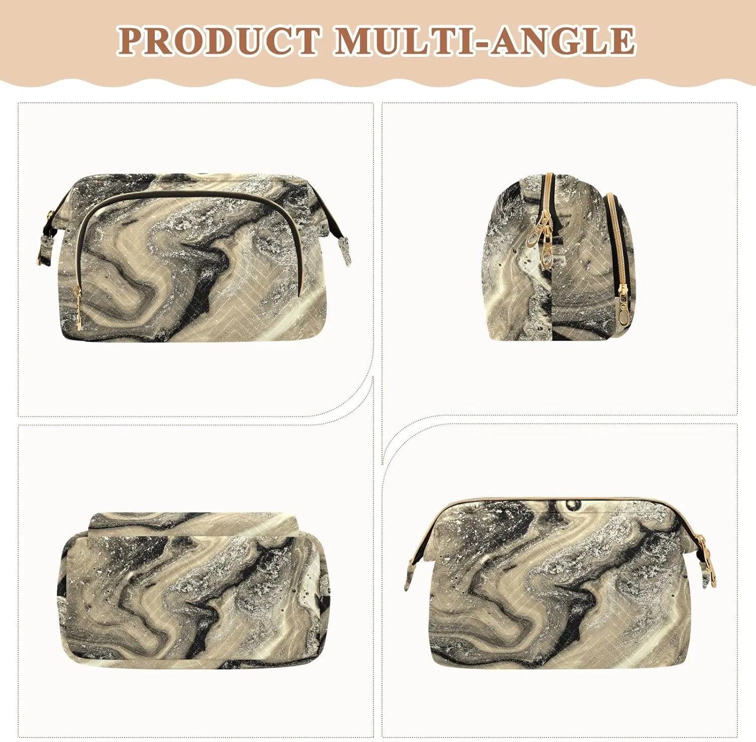 Women Wave Quilt Cosmetic Bag, Storage Pouch Handbag Makeup Case Zipper Toiletry Purse Holder Organizer 10.2x5.9x6.7 in Gold Black Abstract Paint Modern Art Liquid Marble Marbling