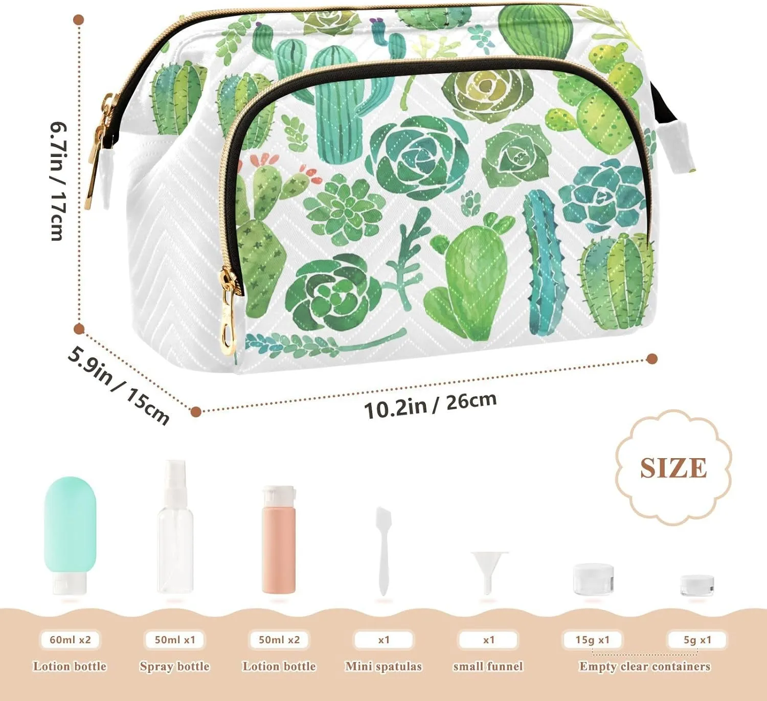Women Wave Quilt Cosmetic Bag, Storage Pouch Handbag Makeup Case Zipper Toiletry Purse Holder Organizer 10.2x5.9x6.7 in Green Watercolor Cactus and Succulent set Seamless on White