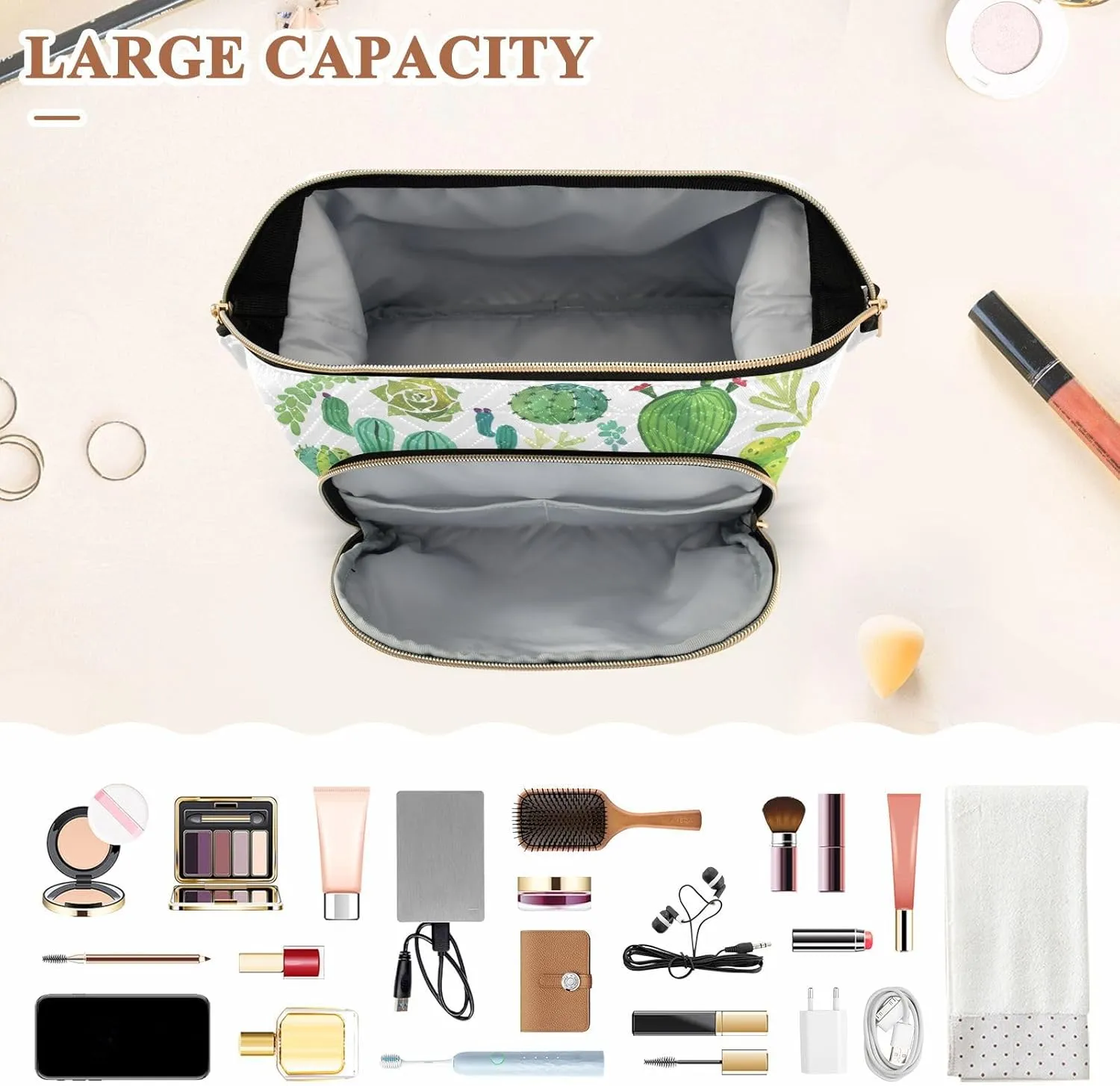 Women Wave Quilt Cosmetic Bag, Storage Pouch Handbag Makeup Case Zipper Toiletry Purse Holder Organizer 10.2x5.9x6.7 in Green Watercolor Cactus and Succulent set Seamless on White
