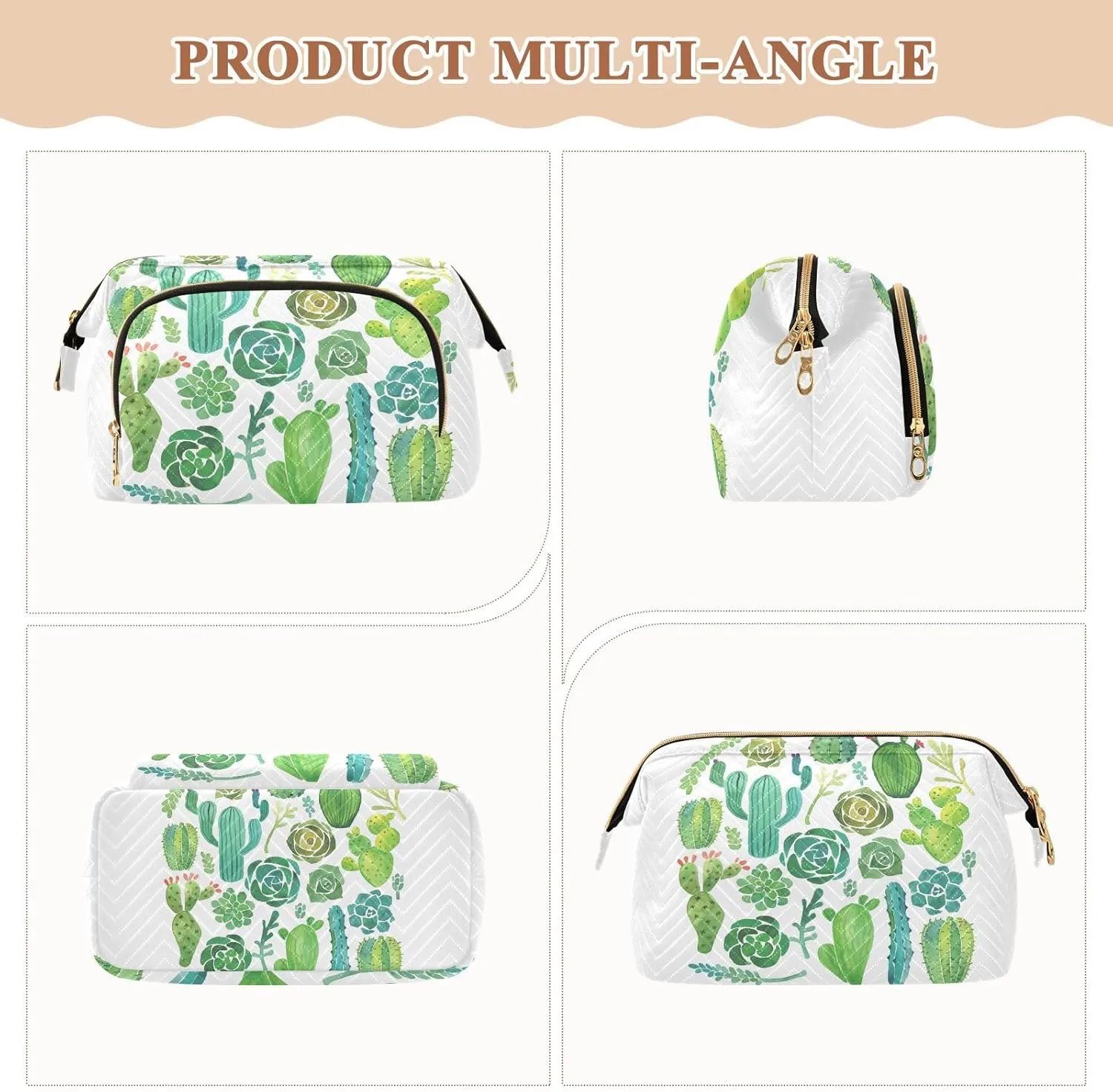 Women Wave Quilt Cosmetic Bag, Storage Pouch Handbag Makeup Case Zipper Toiletry Purse Holder Organizer 10.2x5.9x6.7 in Green Watercolor Cactus and Succulent set Seamless on White