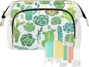 Women Wave Quilt Cosmetic Bag, Storage Pouch Handbag Makeup Case Zipper Toiletry Purse Holder Organizer 10.2x5.9x6.7 in Green Watercolor Cactus and Succulent set Seamless on White