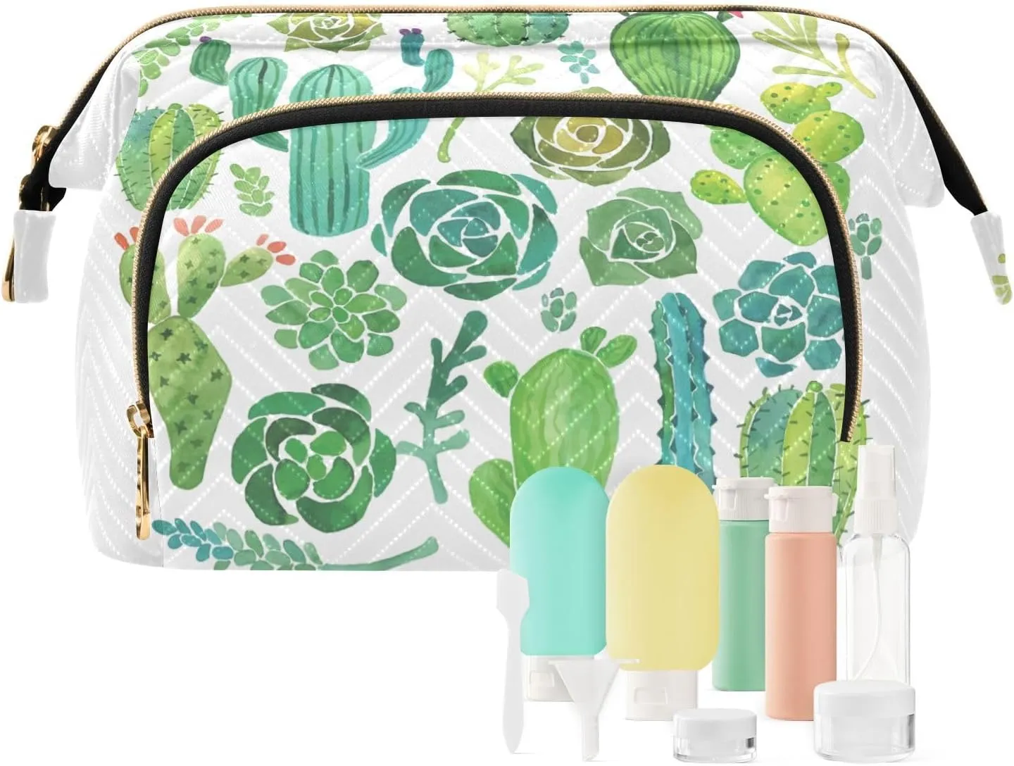 Women Wave Quilt Cosmetic Bag, Storage Pouch Handbag Makeup Case Zipper Toiletry Purse Holder Organizer 10.2x5.9x6.7 in Green Watercolor Cactus and Succulent set Seamless on White