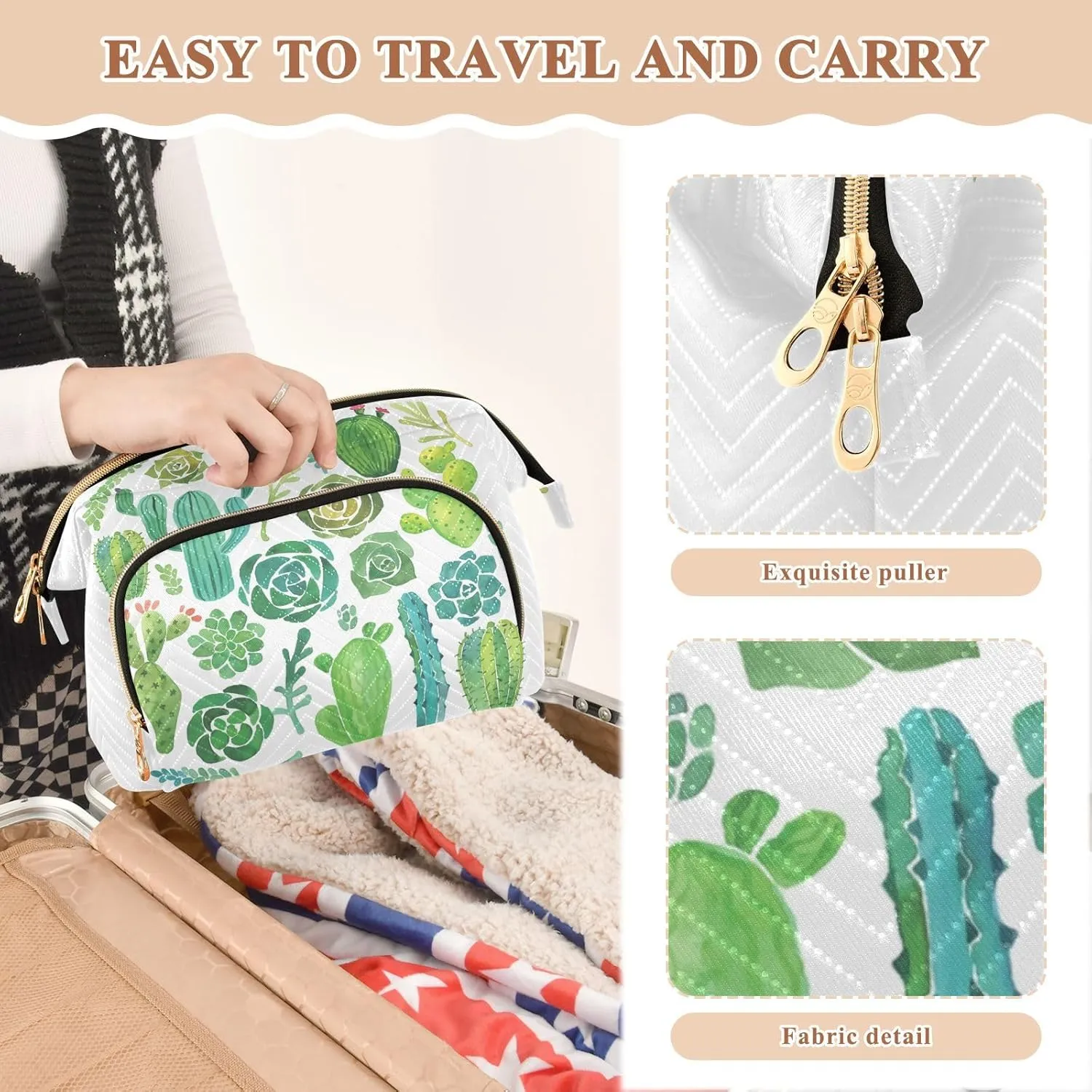 Women Wave Quilt Cosmetic Bag, Storage Pouch Handbag Makeup Case Zipper Toiletry Purse Holder Organizer 10.2x5.9x6.7 in Green Watercolor Cactus and Succulent set Seamless on White