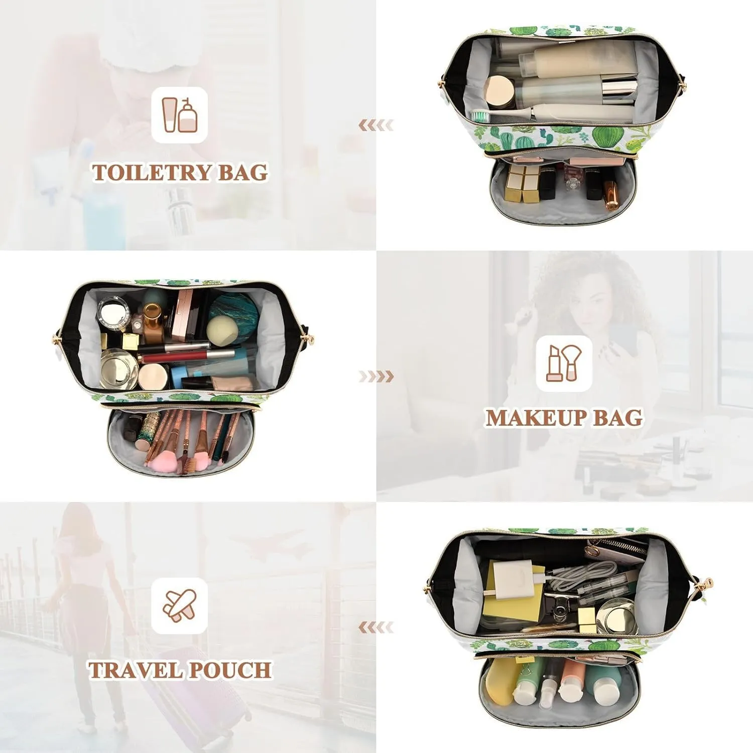 Women Wave Quilt Cosmetic Bag, Storage Pouch Handbag Makeup Case Zipper Toiletry Purse Holder Organizer 10.2x5.9x6.7 in Green Watercolor Cactus and Succulent set Seamless on White
