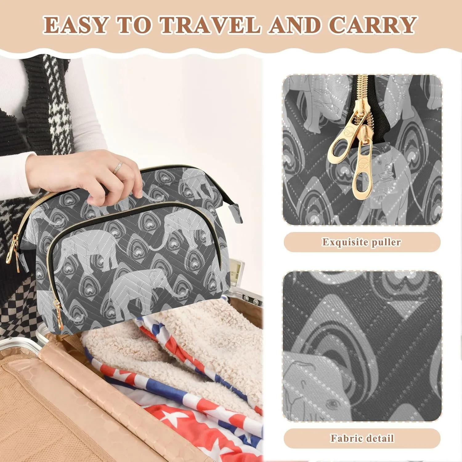 Women Wave Quilt Cosmetic Bag, Storage Pouch Handbag Makeup Case Zipper Toiletry Purse Holder Organizer 10.2x5.9x6.7 in Grey Monochrome Tribal Ethnic Elephant Peacock Feather