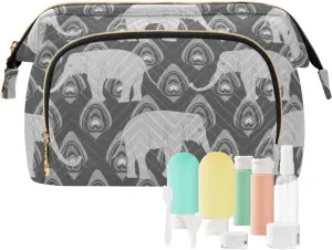 Women Wave Quilt Cosmetic Bag, Storage Pouch Handbag Makeup Case Zipper Toiletry Purse Holder Organizer 10.2x5.9x6.7 in Grey Monochrome Tribal Ethnic Elephant Peacock Feather