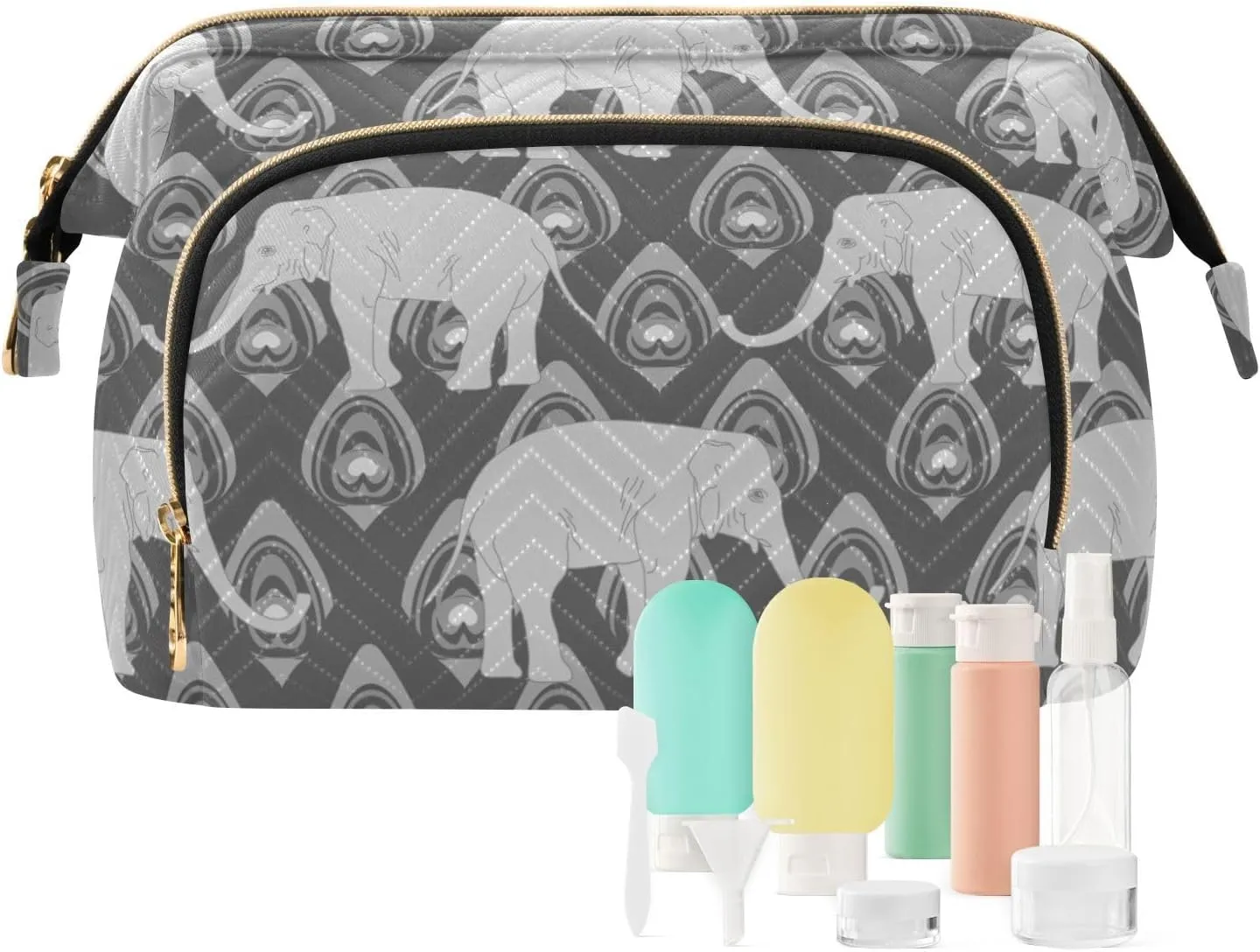Women Wave Quilt Cosmetic Bag, Storage Pouch Handbag Makeup Case Zipper Toiletry Purse Holder Organizer 10.2x5.9x6.7 in Grey Monochrome Tribal Ethnic Elephant Peacock Feather