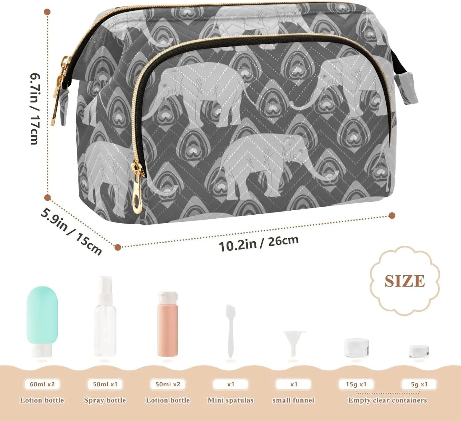 Women Wave Quilt Cosmetic Bag, Storage Pouch Handbag Makeup Case Zipper Toiletry Purse Holder Organizer 10.2x5.9x6.7 in Grey Monochrome Tribal Ethnic Elephant Peacock Feather