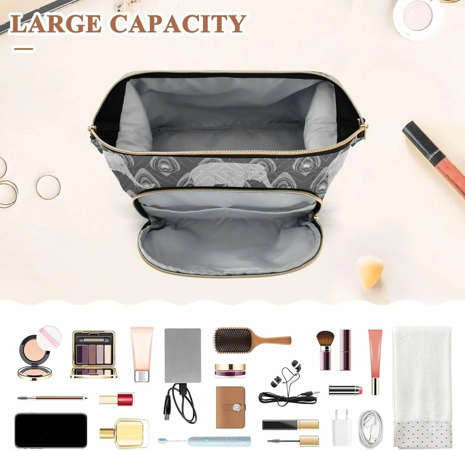 Women Wave Quilt Cosmetic Bag, Storage Pouch Handbag Makeup Case Zipper Toiletry Purse Holder Organizer 10.2x5.9x6.7 in Grey Monochrome Tribal Ethnic Elephant Peacock Feather