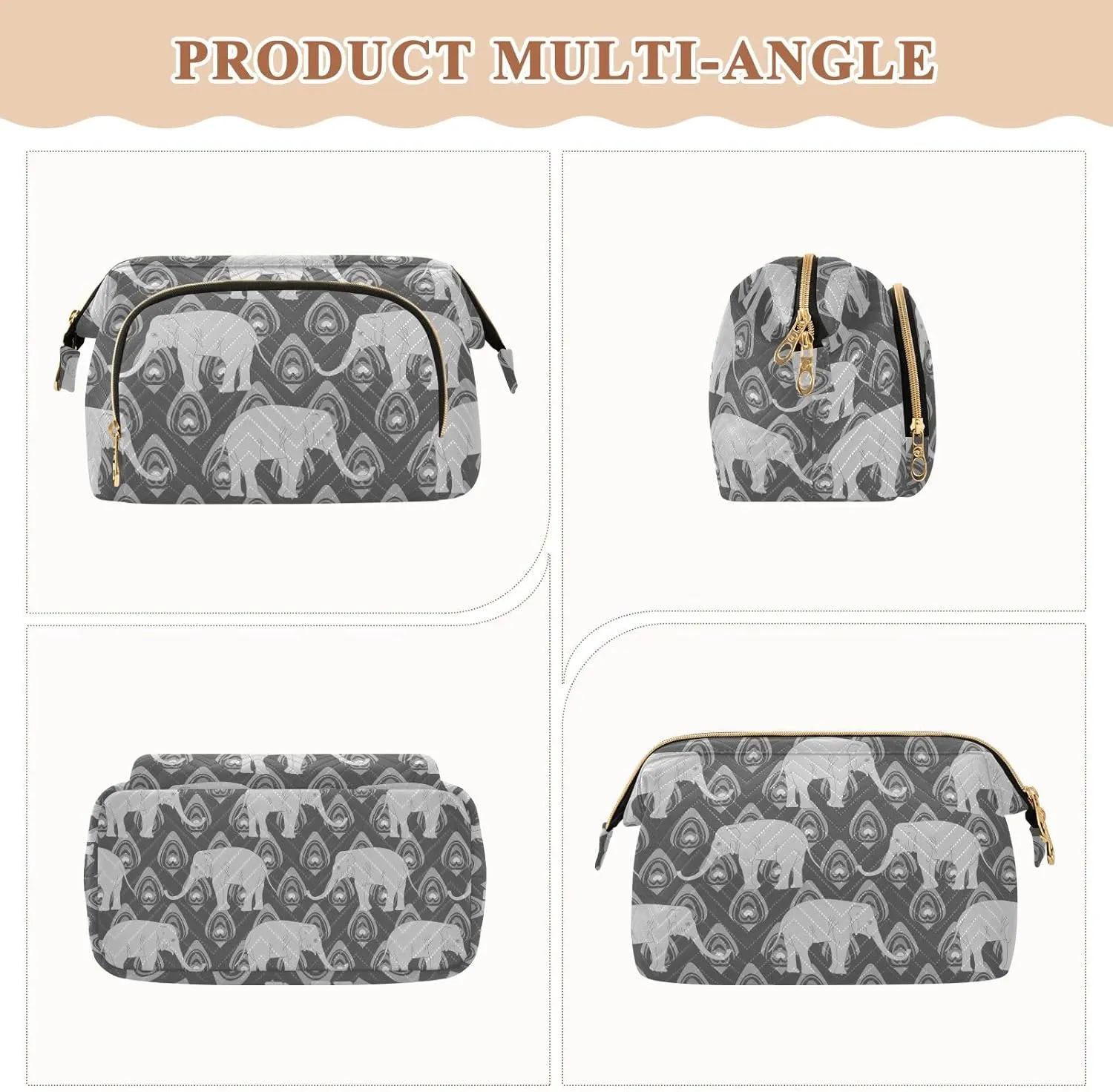Women Wave Quilt Cosmetic Bag, Storage Pouch Handbag Makeup Case Zipper Toiletry Purse Holder Organizer 10.2x5.9x6.7 in Grey Monochrome Tribal Ethnic Elephant Peacock Feather