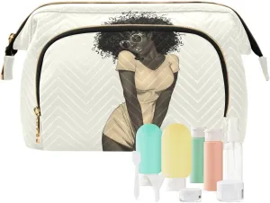 Women Wave Quilt Cosmetic Bag, Storage Pouch Handbag Makeup Case Zipper Toiletry Purse Holder Organizer 10.2x5.9x6.7 in Retro African American Black Woman Dress Brown Afro Hairstyle