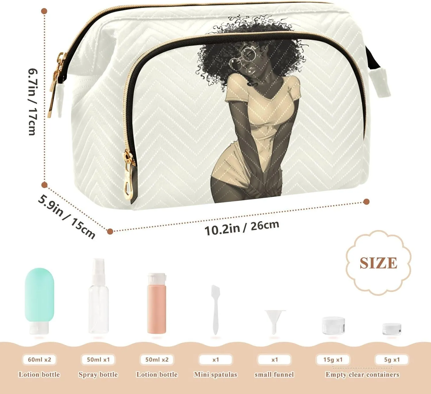 Women Wave Quilt Cosmetic Bag, Storage Pouch Handbag Makeup Case Zipper Toiletry Purse Holder Organizer 10.2x5.9x6.7 in Retro African American Black Woman Dress Brown Afro Hairstyle