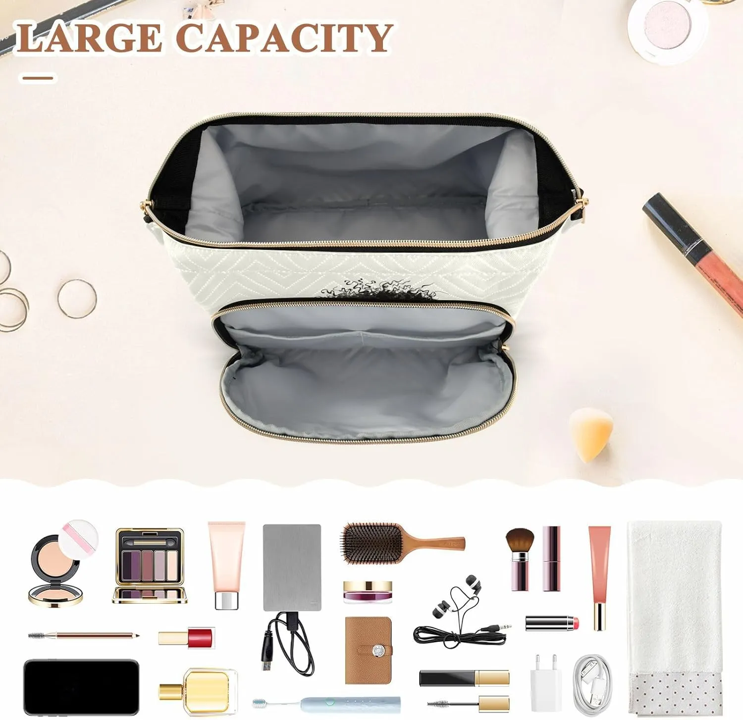 Women Wave Quilt Cosmetic Bag, Storage Pouch Handbag Makeup Case Zipper Toiletry Purse Holder Organizer 10.2x5.9x6.7 in Retro African American Black Woman Dress Brown Afro Hairstyle