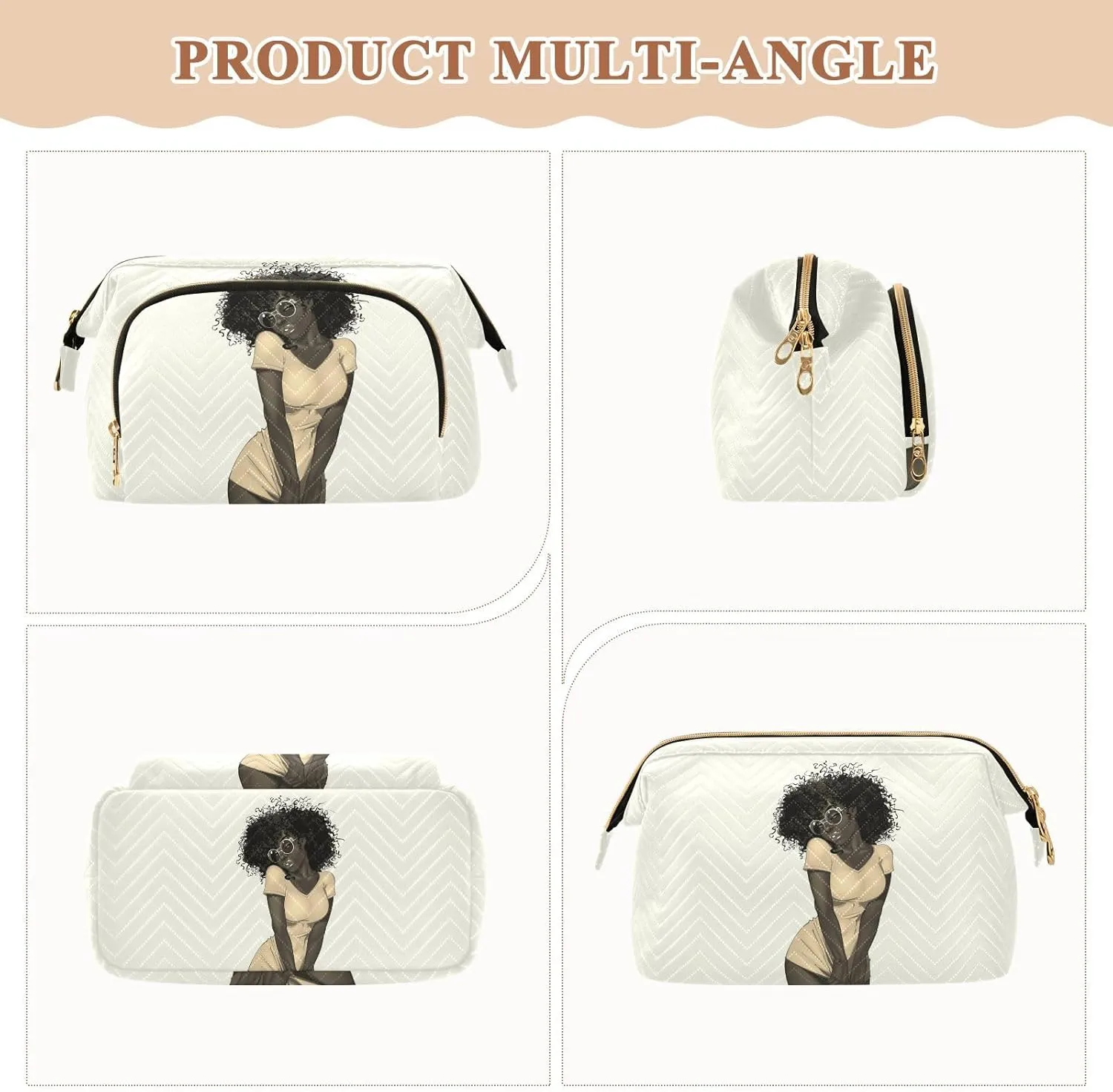 Women Wave Quilt Cosmetic Bag, Storage Pouch Handbag Makeup Case Zipper Toiletry Purse Holder Organizer 10.2x5.9x6.7 in Retro African American Black Woman Dress Brown Afro Hairstyle