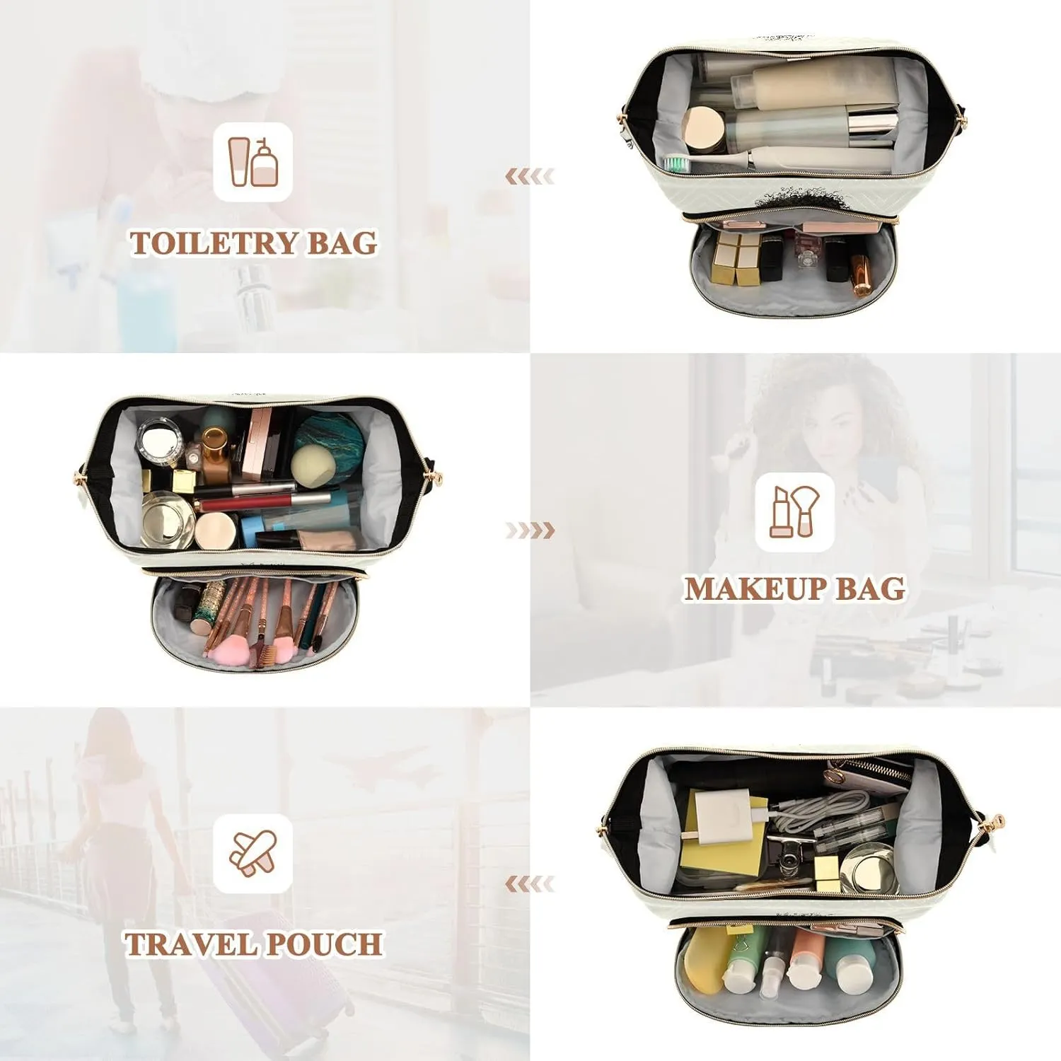 Women Wave Quilt Cosmetic Bag, Storage Pouch Handbag Makeup Case Zipper Toiletry Purse Holder Organizer 10.2x5.9x6.7 in Retro African American Black Woman Dress Brown Afro Hairstyle