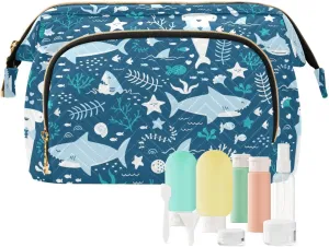 Women Wave Quilt Cosmetic Bag, Storage Pouch Handbag Makeup Case Zipper Toiletry Purse Holder Organizer 10.2x5.9x6.7 in Seamless Blue Underwater Sharks Sea Weed Starfishes on Dark Blue