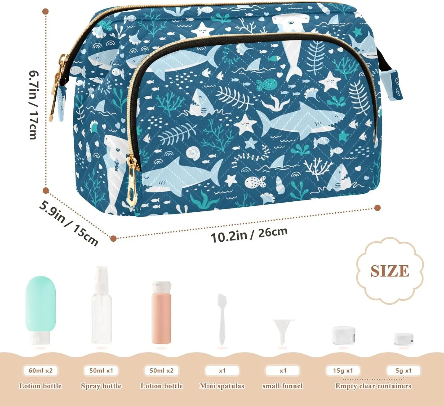 Women Wave Quilt Cosmetic Bag, Storage Pouch Handbag Makeup Case Zipper Toiletry Purse Holder Organizer 10.2x5.9x6.7 in Seamless Blue Underwater Sharks Sea Weed Starfishes on Dark Blue