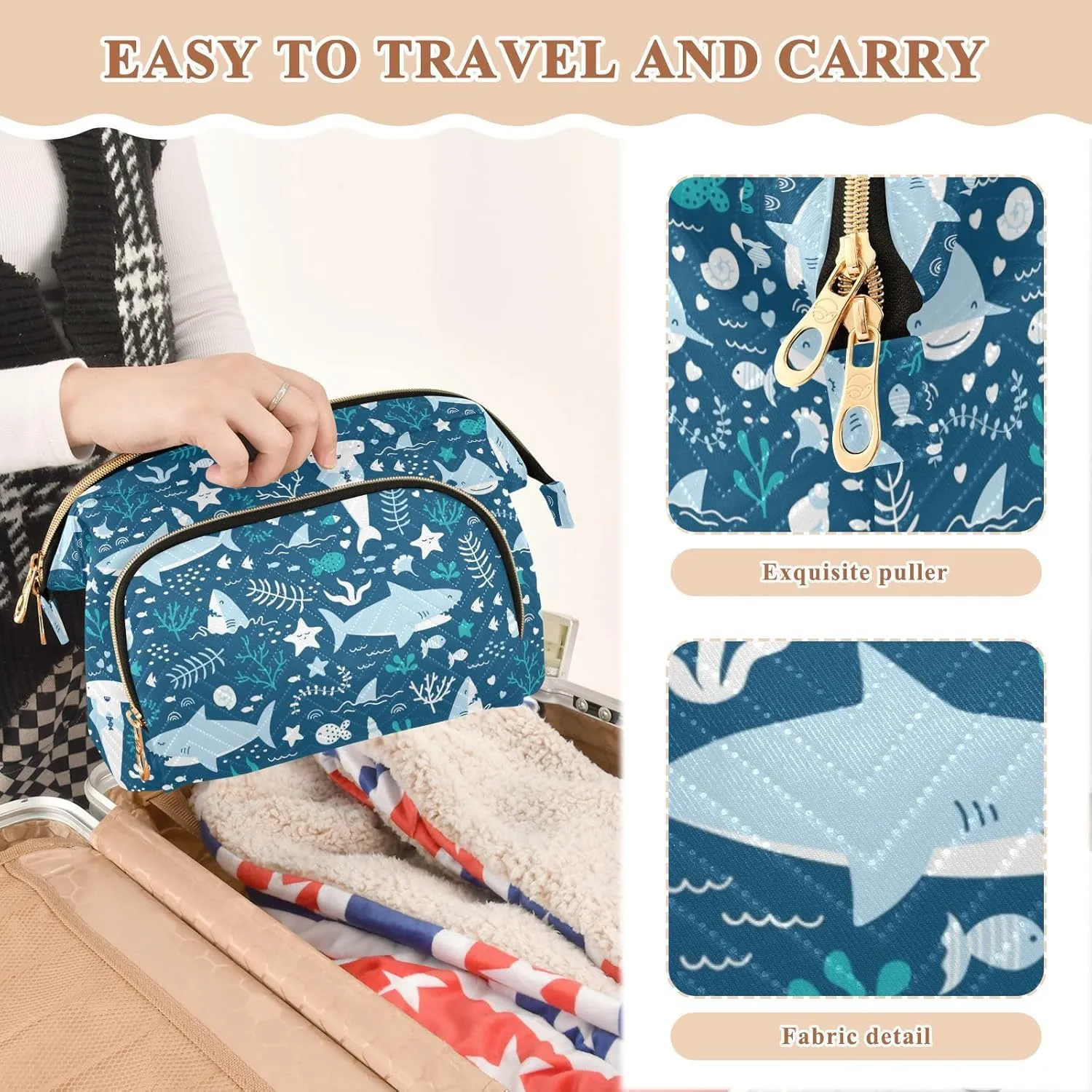 Women Wave Quilt Cosmetic Bag, Storage Pouch Handbag Makeup Case Zipper Toiletry Purse Holder Organizer 10.2x5.9x6.7 in Seamless Blue Underwater Sharks Sea Weed Starfishes on Dark Blue