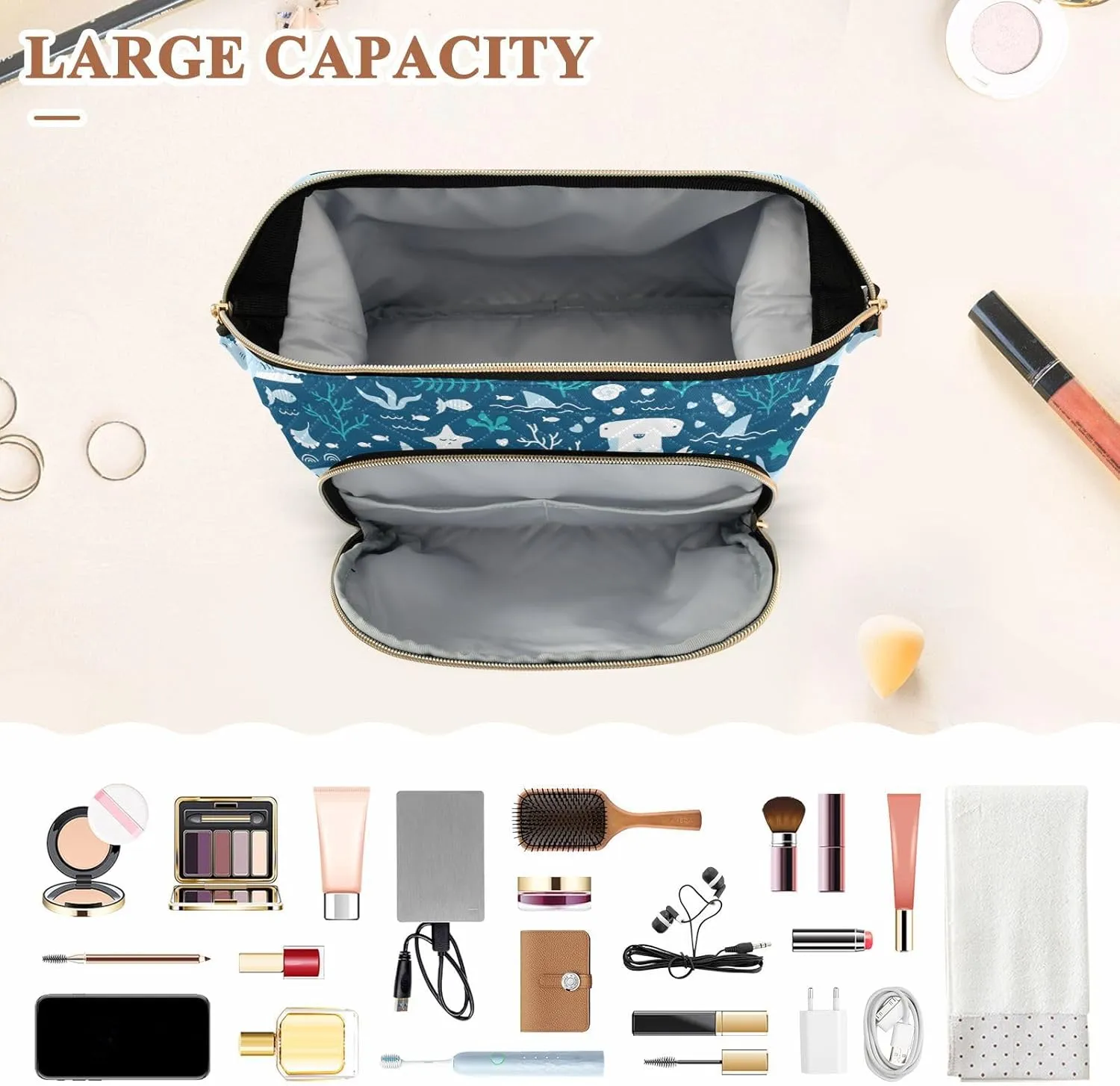 Women Wave Quilt Cosmetic Bag, Storage Pouch Handbag Makeup Case Zipper Toiletry Purse Holder Organizer 10.2x5.9x6.7 in Seamless Blue Underwater Sharks Sea Weed Starfishes on Dark Blue