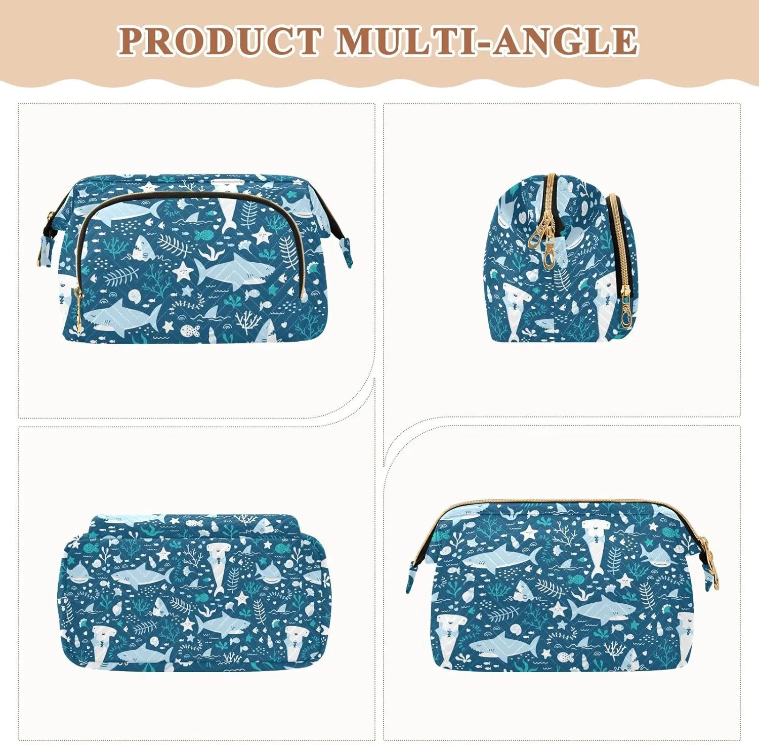 Women Wave Quilt Cosmetic Bag, Storage Pouch Handbag Makeup Case Zipper Toiletry Purse Holder Organizer 10.2x5.9x6.7 in Seamless Blue Underwater Sharks Sea Weed Starfishes on Dark Blue
