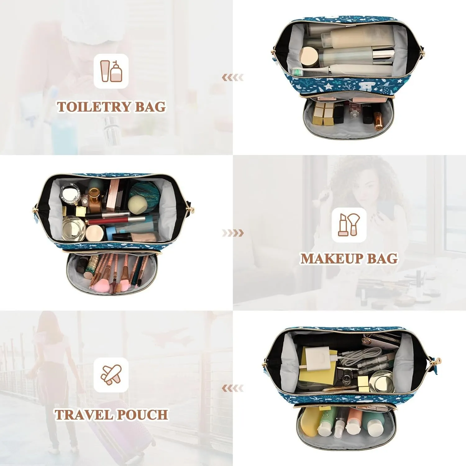 Women Wave Quilt Cosmetic Bag, Storage Pouch Handbag Makeup Case Zipper Toiletry Purse Holder Organizer 10.2x5.9x6.7 in Seamless Blue Underwater Sharks Sea Weed Starfishes on Dark Blue
