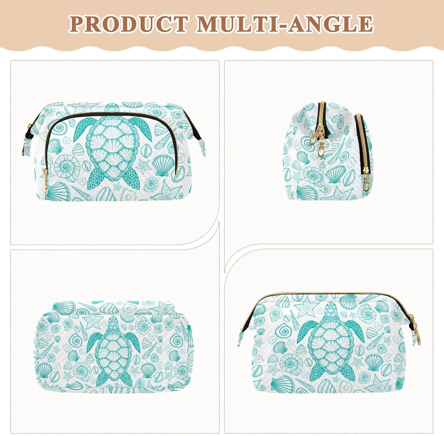 Women Wave Quilt Cosmetic Bag, Storage Pouch Handbag Makeup Case Zipper Toiletry Purse Holder Organizer 10.2x5.9x6.7 in Seamless Turquoise Hand Drawn Sea Turtle Seashell Starfishes