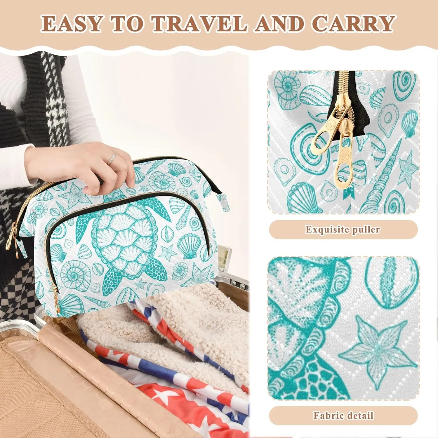 Women Wave Quilt Cosmetic Bag, Storage Pouch Handbag Makeup Case Zipper Toiletry Purse Holder Organizer 10.2x5.9x6.7 in Seamless Turquoise Hand Drawn Sea Turtle Seashell Starfishes
