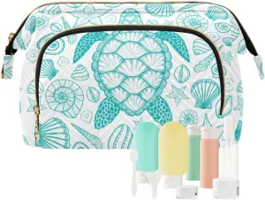 Women Wave Quilt Cosmetic Bag, Storage Pouch Handbag Makeup Case Zipper Toiletry Purse Holder Organizer 10.2x5.9x6.7 in Seamless Turquoise Hand Drawn Sea Turtle Seashell Starfishes