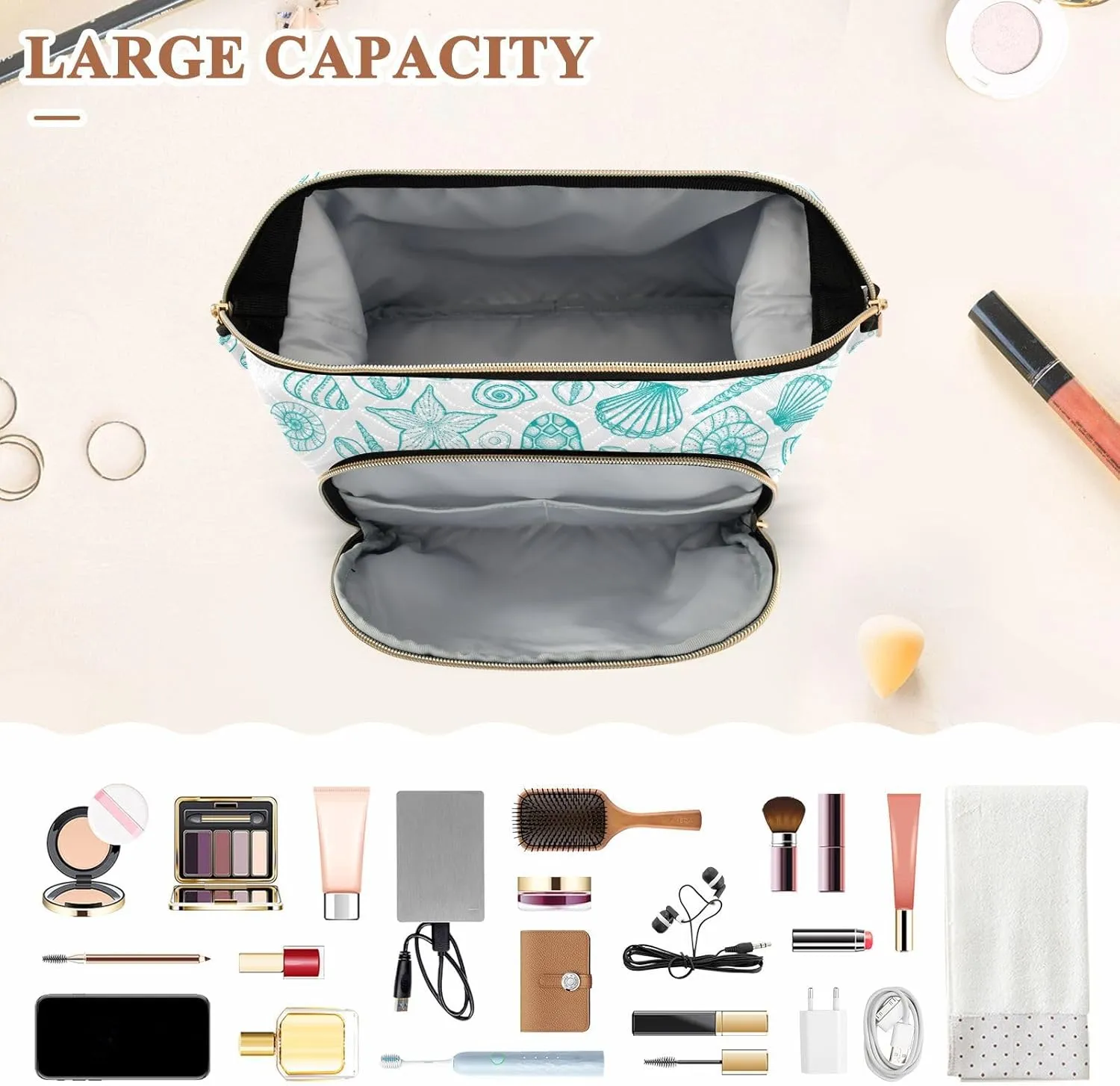 Women Wave Quilt Cosmetic Bag, Storage Pouch Handbag Makeup Case Zipper Toiletry Purse Holder Organizer 10.2x5.9x6.7 in Seamless Turquoise Hand Drawn Sea Turtle Seashell Starfishes