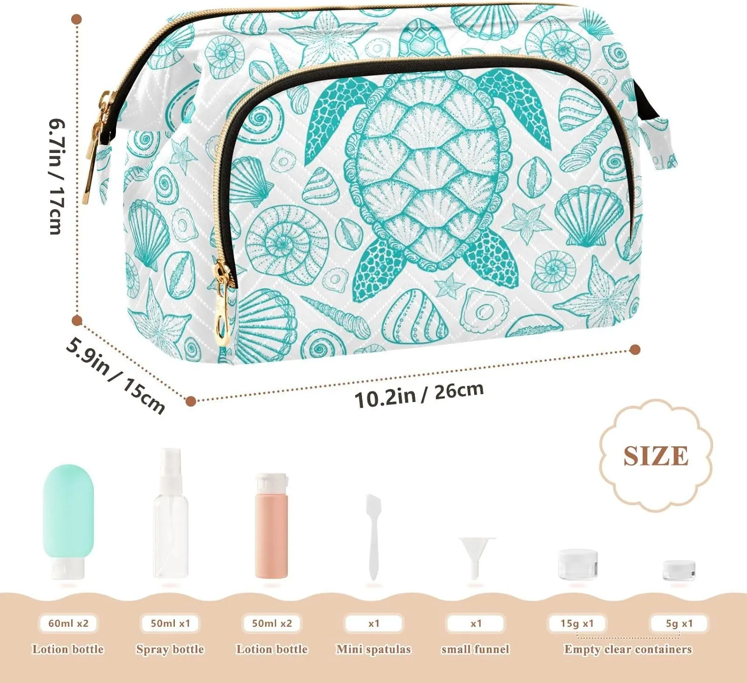 Women Wave Quilt Cosmetic Bag, Storage Pouch Handbag Makeup Case Zipper Toiletry Purse Holder Organizer 10.2x5.9x6.7 in Seamless Turquoise Hand Drawn Sea Turtle Seashell Starfishes