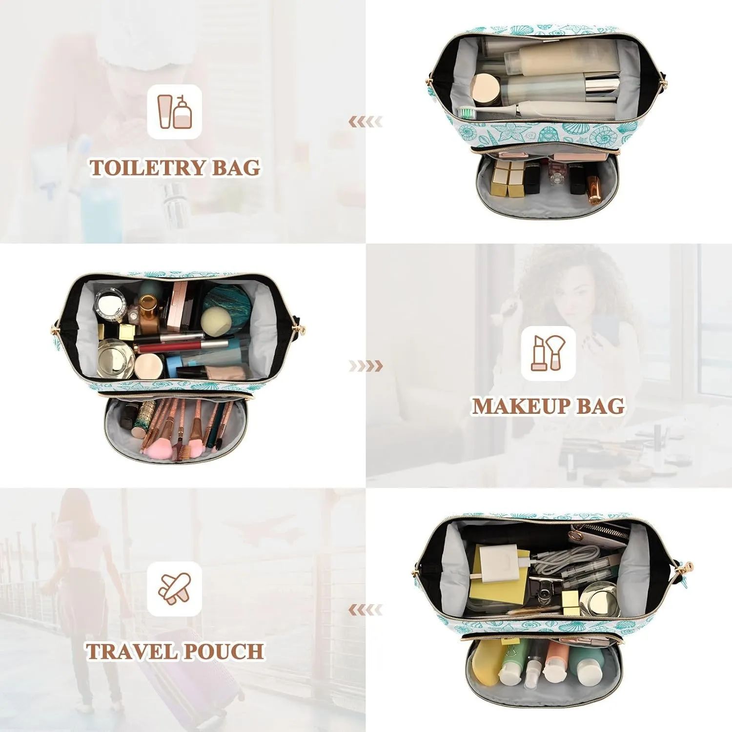 Women Wave Quilt Cosmetic Bag, Storage Pouch Handbag Makeup Case Zipper Toiletry Purse Holder Organizer 10.2x5.9x6.7 in Seamless Turquoise Hand Drawn Sea Turtle Seashell Starfishes