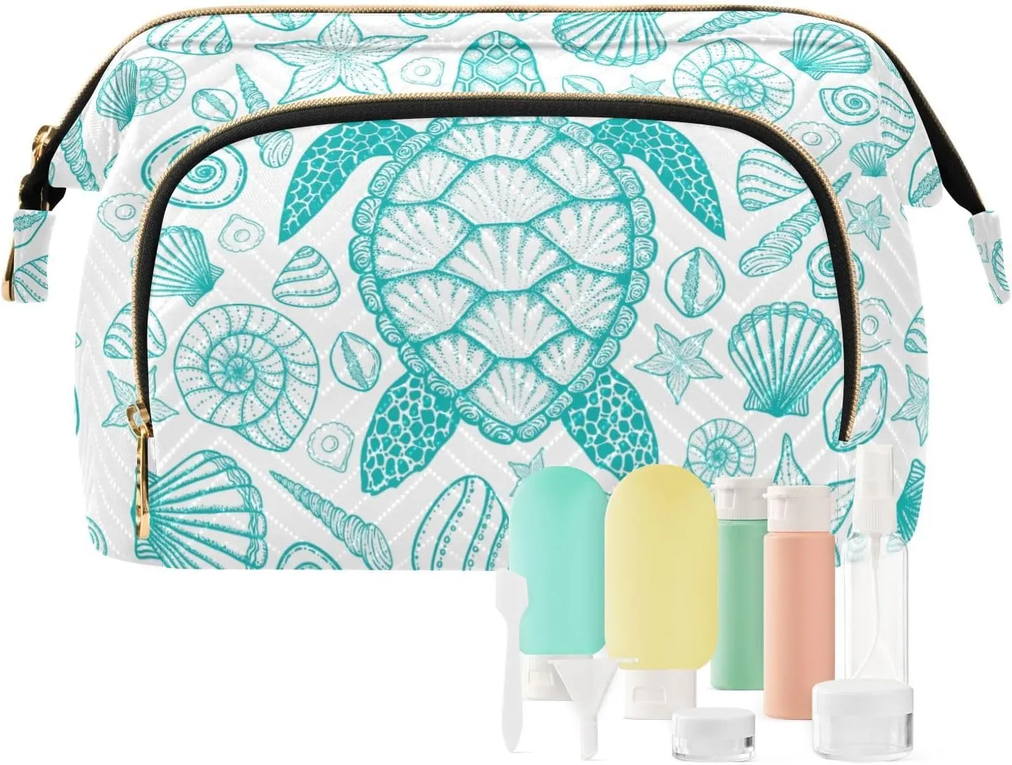 Women Wave Quilt Cosmetic Bag, Storage Pouch Handbag Makeup Case Zipper Toiletry Purse Holder Organizer 10.2x5.9x6.7 in Seamless Turquoise Hand Drawn Sea Turtle Seashell Starfishes