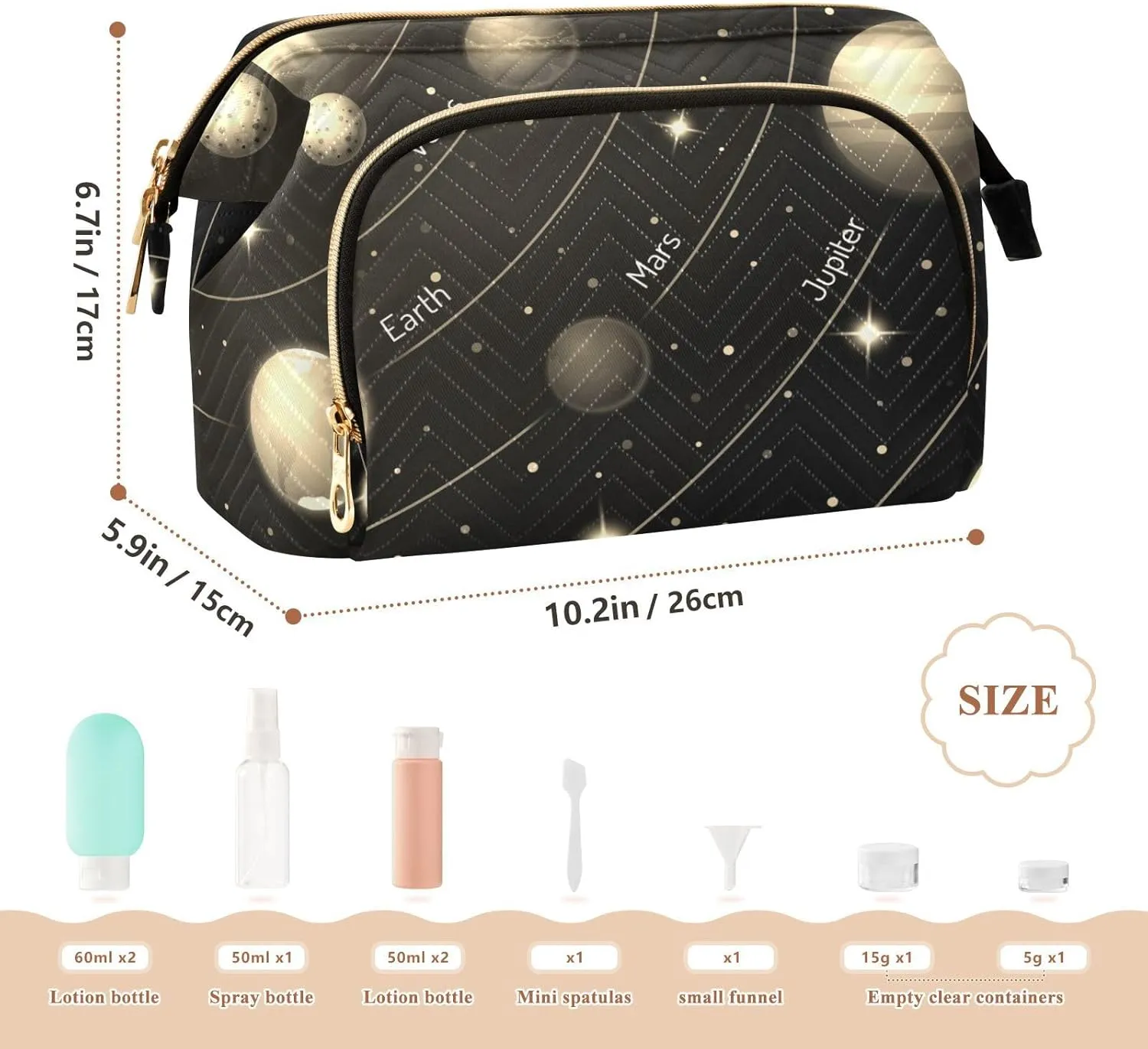 Women Wave Quilt Cosmetic Bag, Storage Pouch Handbag Makeup Case Zipper Toiletry Purse Holder Organizer 10.2x5.9x6.7 in Solar System with the Sun Earth Mars Mercury Jupiter Saturn Uranus