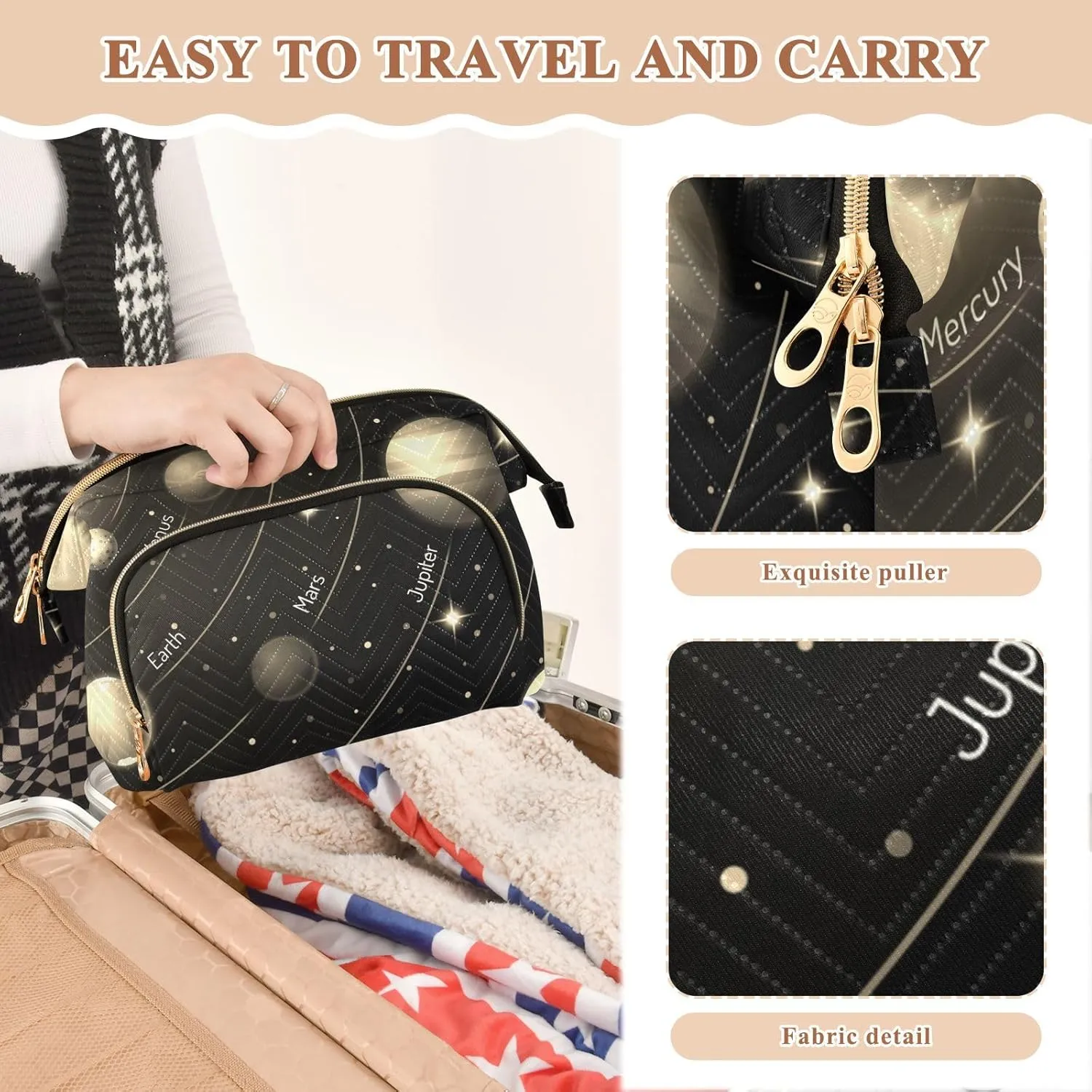 Women Wave Quilt Cosmetic Bag, Storage Pouch Handbag Makeup Case Zipper Toiletry Purse Holder Organizer 10.2x5.9x6.7 in Solar System with the Sun Earth Mars Mercury Jupiter Saturn Uranus
